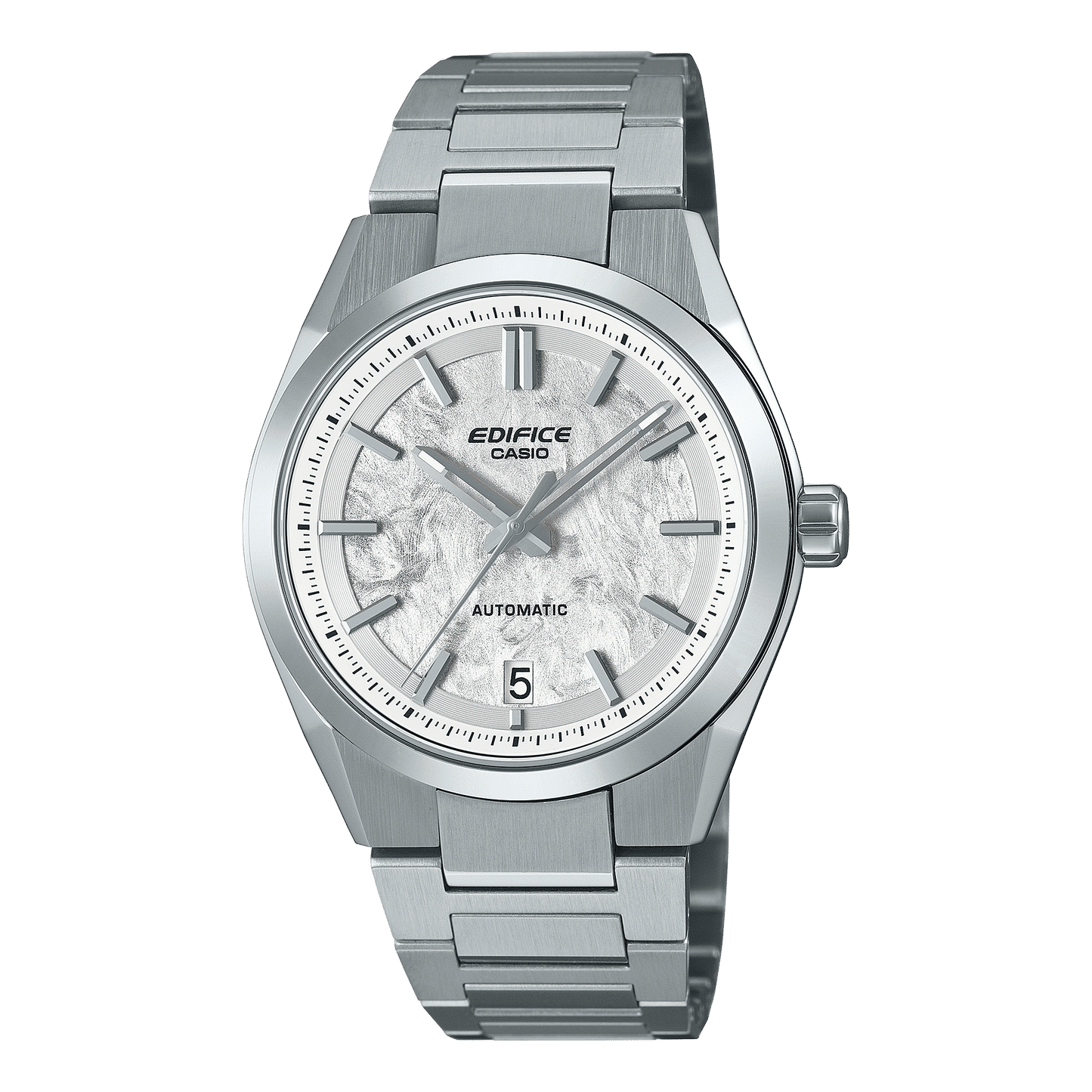Silberne Herrenarmbanduhr mit Edelstahlband, rundem Gehäuse und Automatik-Zifferblatt