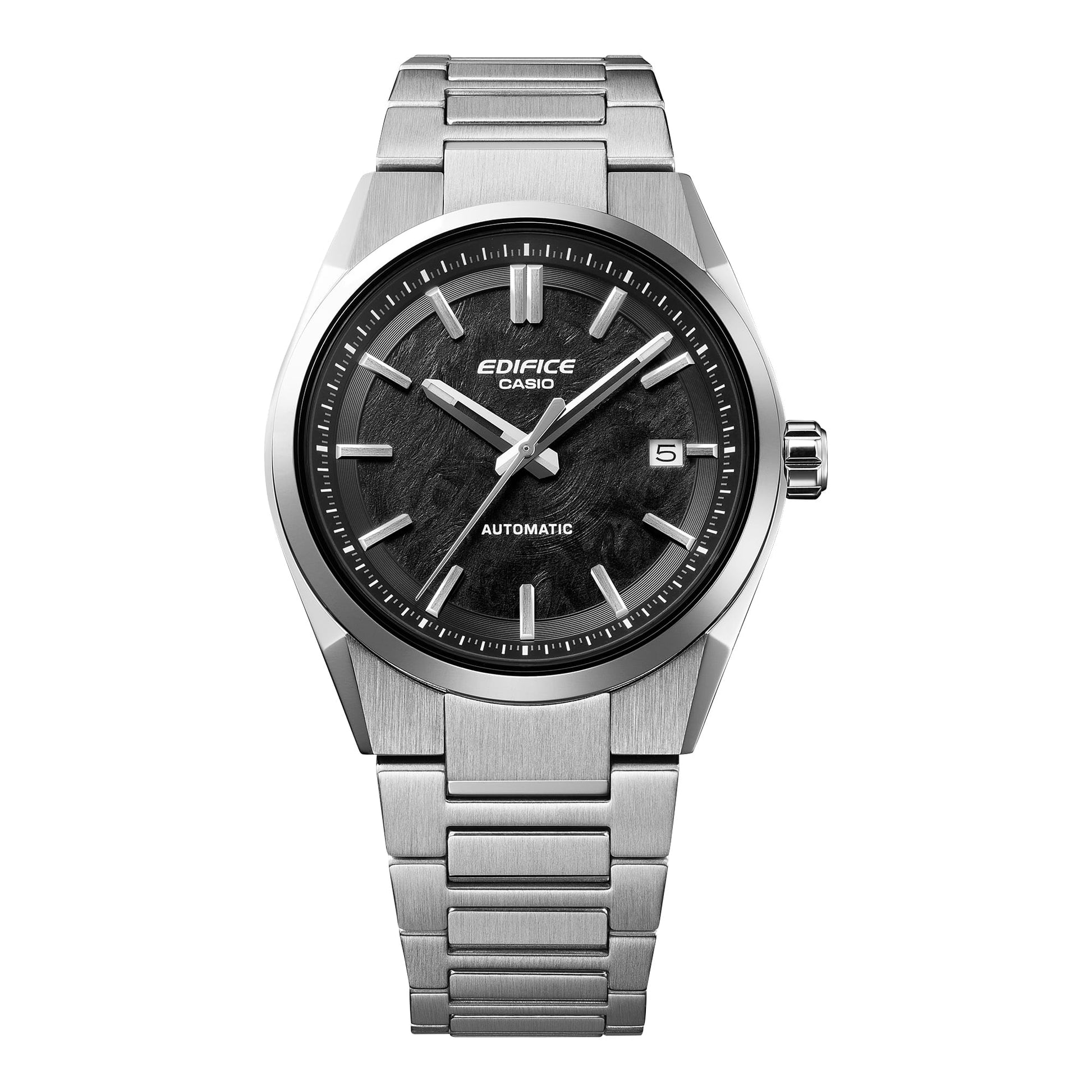 Casio Edifice Herrenuhr mit Metallarmband, schwarzem Zifferblatt und silbernen Zeigern