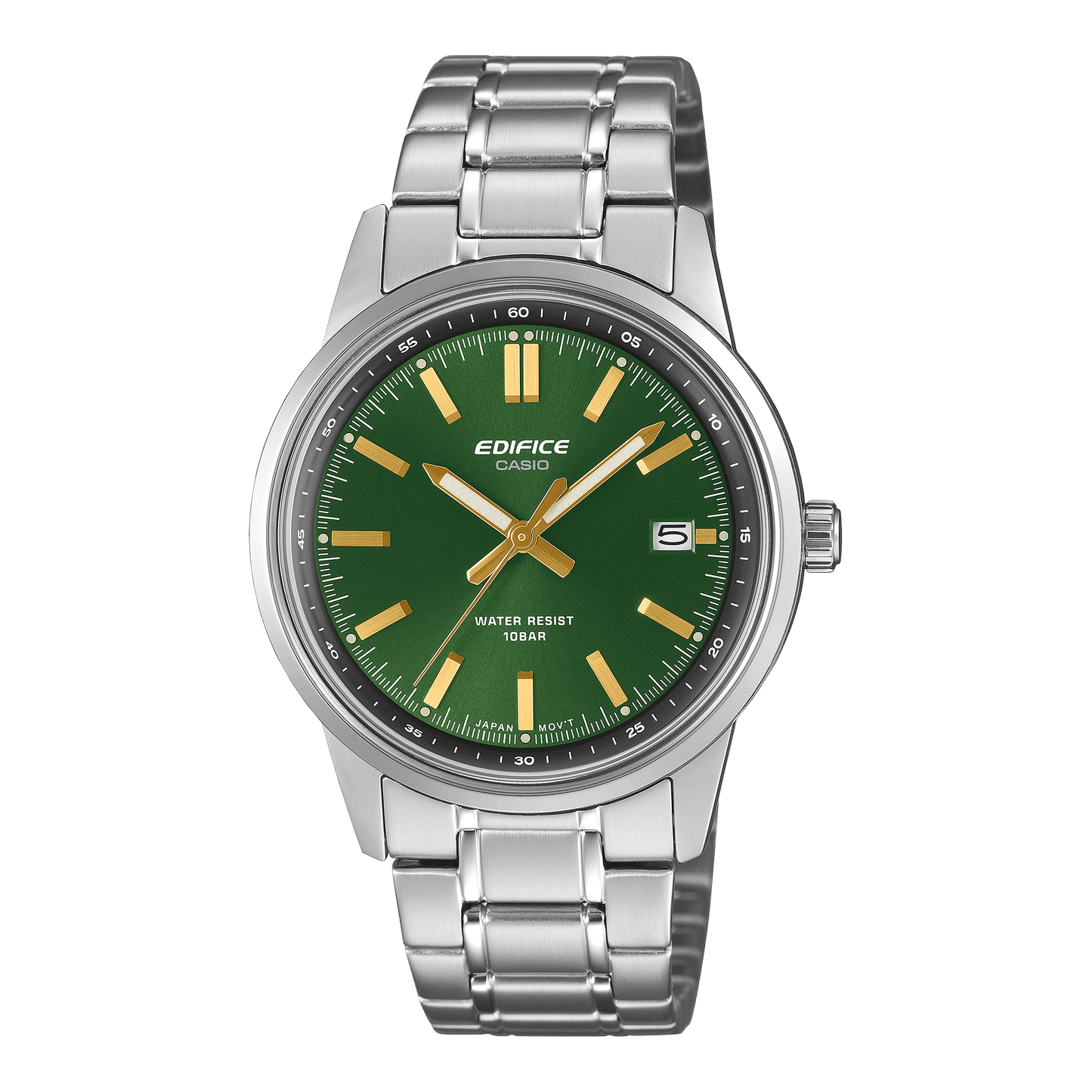 Casio Edifice Herrenuhr mit grünem Zifferblatt, goldfarbenen Zeigern und silbernem Metallarmband