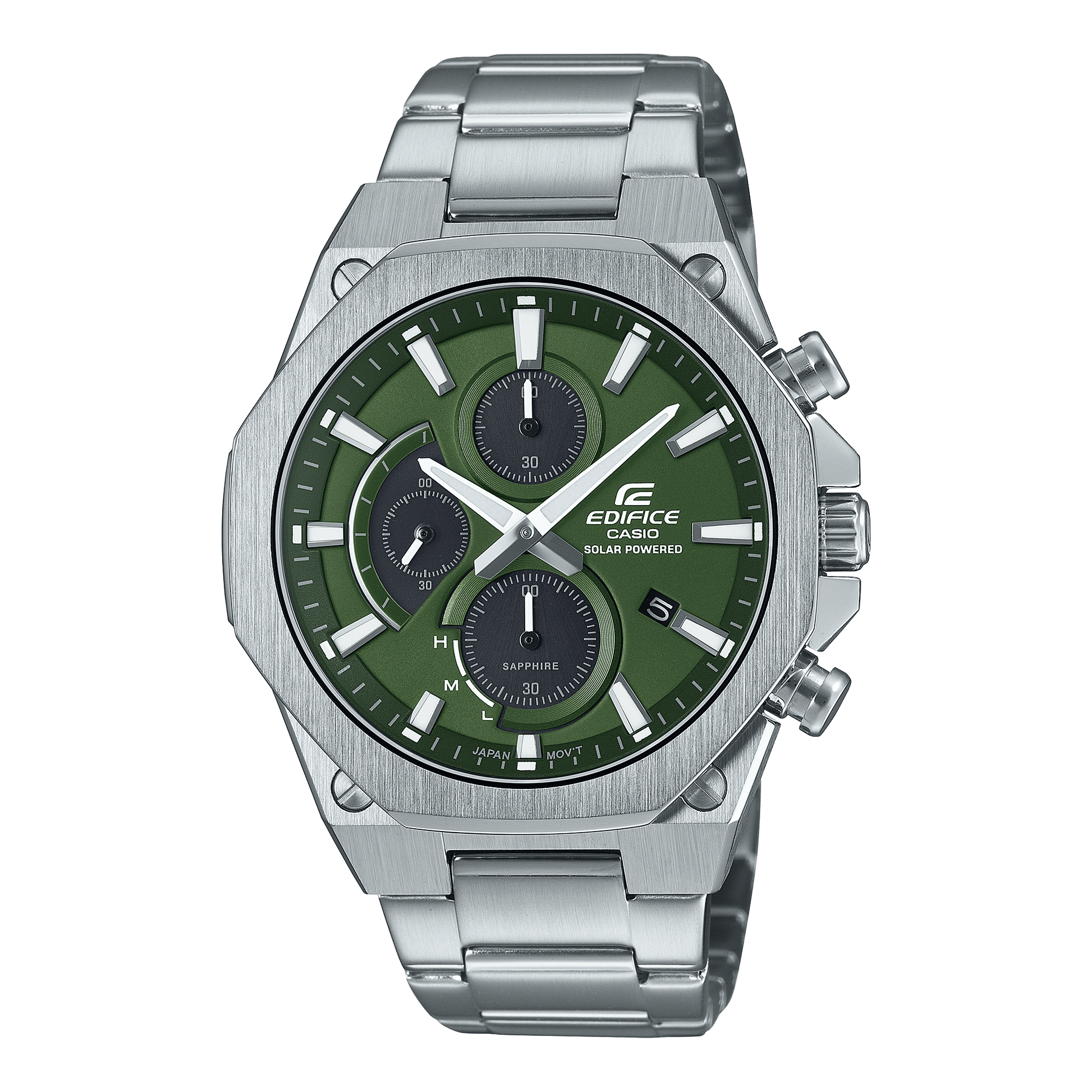 Casio Edifice Herrenuhr mit grünem Zifferblatt, Edelstahlband und Chronographen