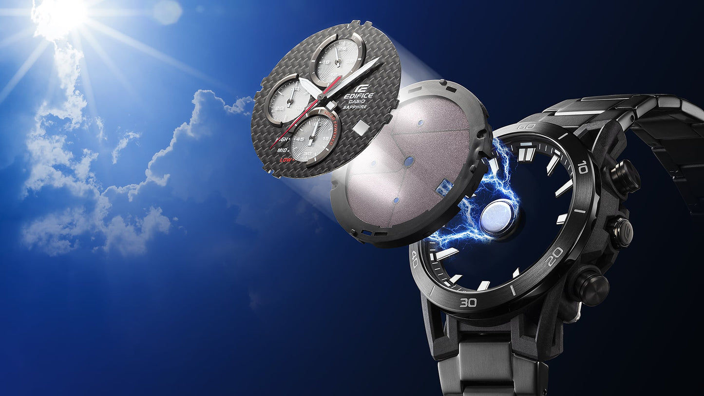 Casio Edifice Herrenuhr in schräger Ansicht mit schwarzem Armband und Chronograph-Zählern