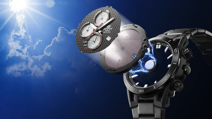 Casio Edifice Herrenuhr in schräger Ansicht mit schwarzem Armband und Chronograph-Zählern