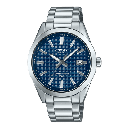 Casio Edifice Armbanduhr: blaues Zifferblatt mit Indexen, Datumsfenster bei 5