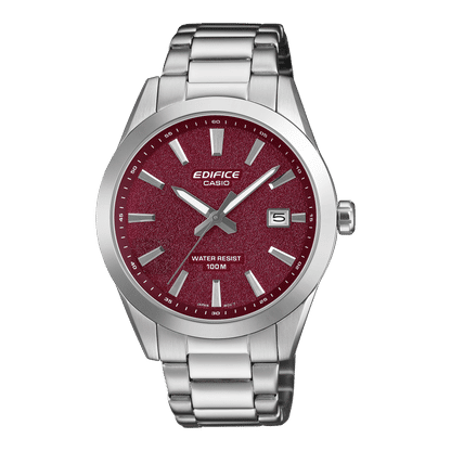 Herrenarmbanduhr Casio Edifice mit dunkelrotem Zifferblatt und Edelstahlarmband, Datum 5