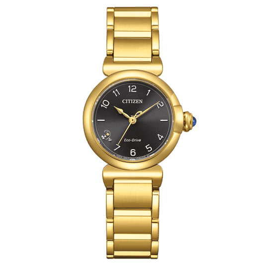 Citizen Damenuhr mit goldfarbenem Band, schwarzem Zifferblatt und Eco-Drive