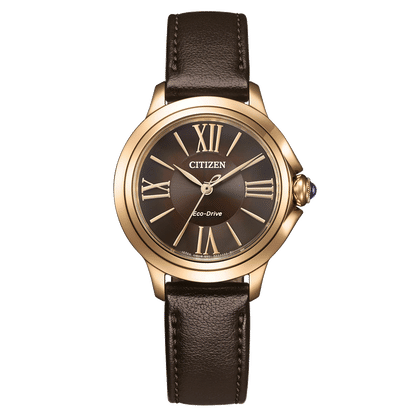 Citizen Ceci EM1163-09X Damenuhr Roségold • Eco-Drive Saphirglas • Apfelarmband Braun