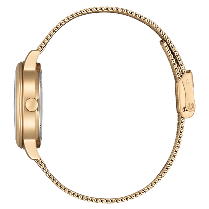 Armbanduhr mit goldfarbenem Milanaise-Meshband, seitliche Ansicht mit Krone