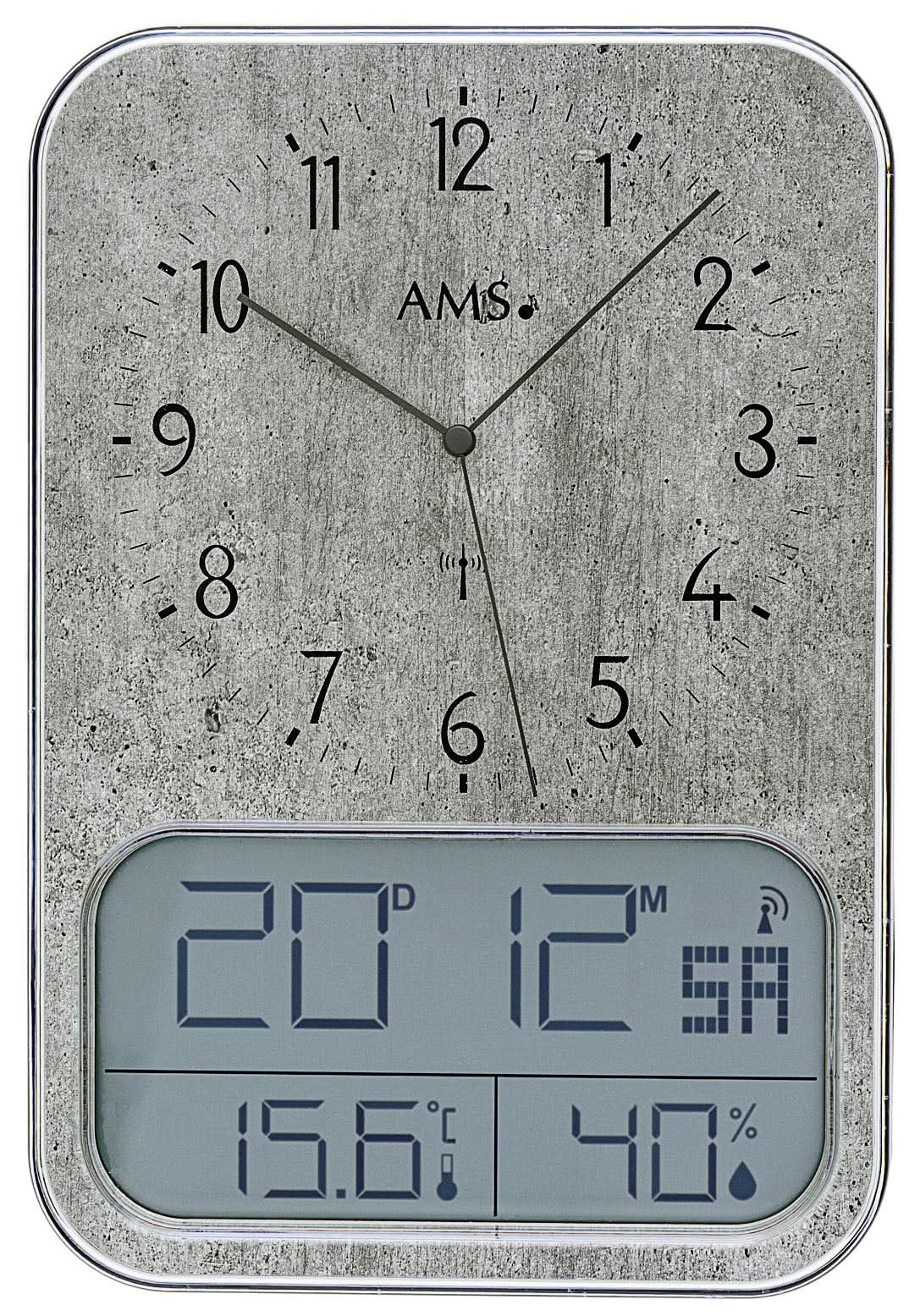 AMS Plastic Wall Clock • Precise Hybrid Radio-Controlled Movement • Integrated Climate Display