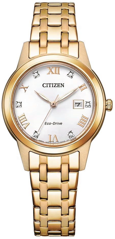 Roségoldfarbene Citizen Damenuhr mit weißem Zifferblatt, römischen Ziffern, Edelstahlarmband