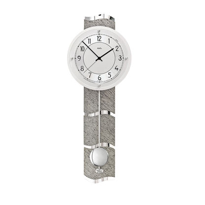 Wanduhr mit weißem Zifferblatt und grauem Naturstein-Pendelwerk