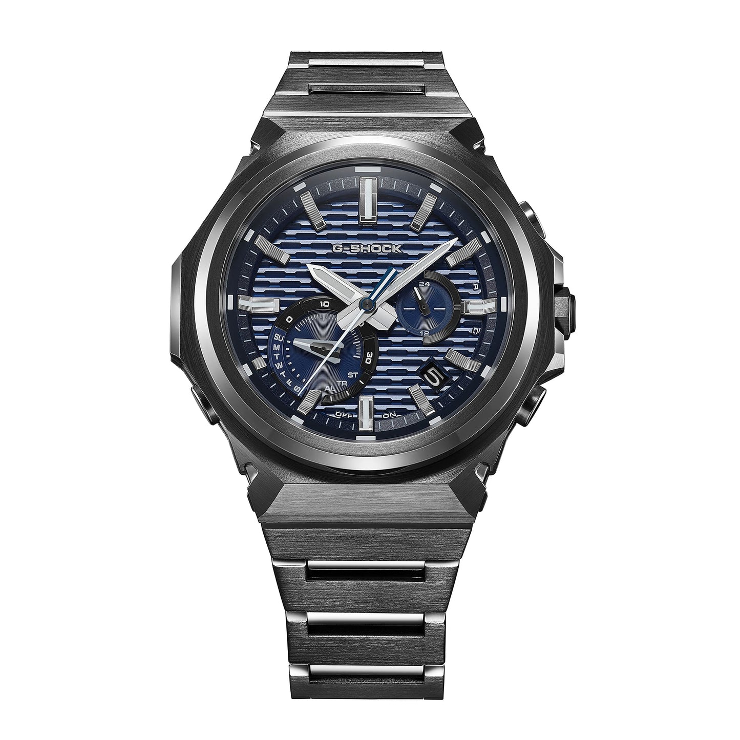 Casio G-Shock Herrenarmbanduhr, anthrazitfarbenes Metallband und blaues Zifferblatt