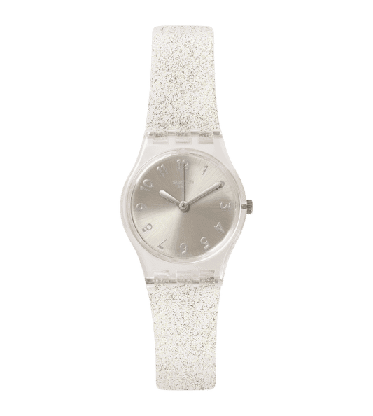 Swatch Silver Glistar LK343E Damen Armbanduhr Silber • Transparentes Gehäuse • Silikonarmband
