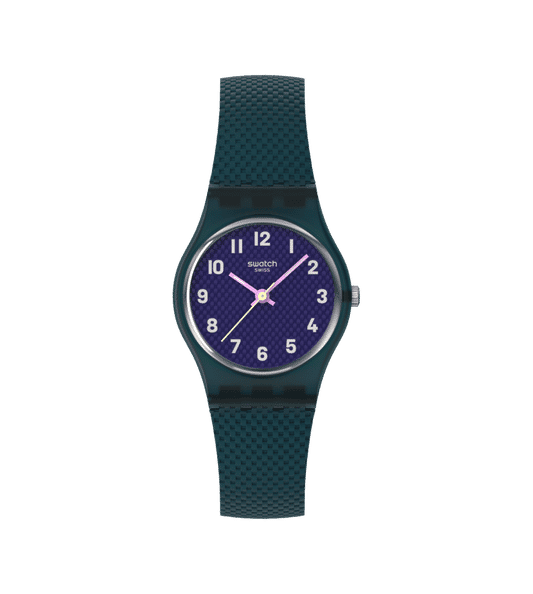 Swatch Teal Weave LL127 Damen Armbanduhr Petrol • Leuchtzeiger • Transparentes Gehäuse