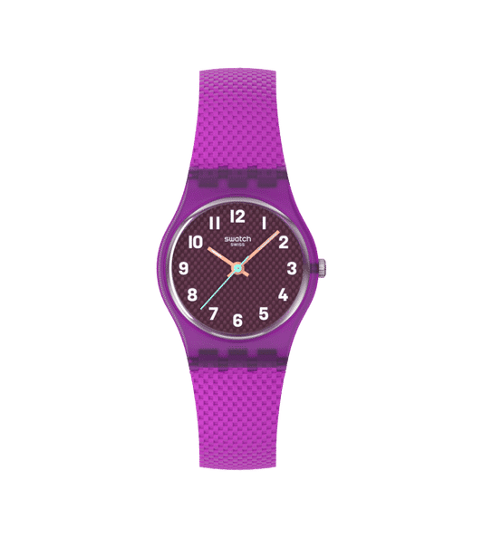 Swatch Magenta Weave LV122 Damen Armbanduhr Lila • Leuchtzeiger • Texturiertes Armband