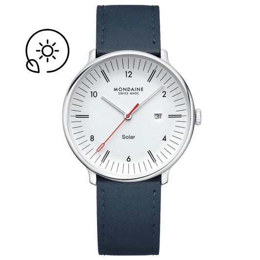 Mondaine Doppio Solar MLE.41910.LDV Herrenuhr Blau • Saphirglas mit Antireflexbeschichtung • Veganes Apfelleder
