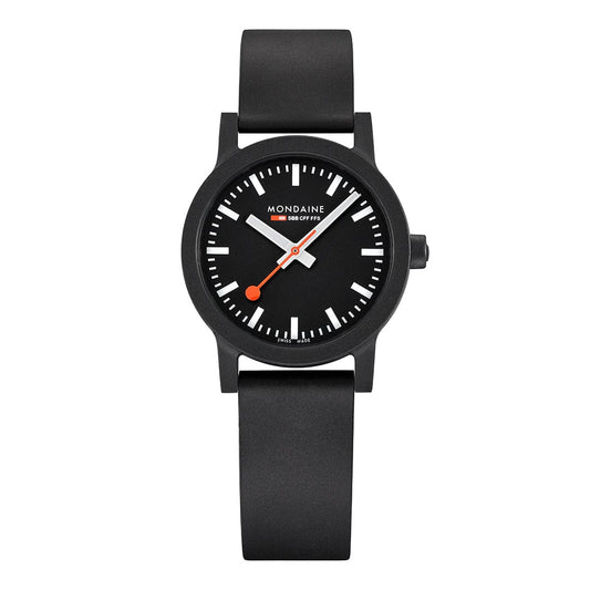 Mondaine essence MS1.32120.RB Damen Armbanduhr Schwarz • Veganes Kautschukarmband • Swiss Made Quarzwerk