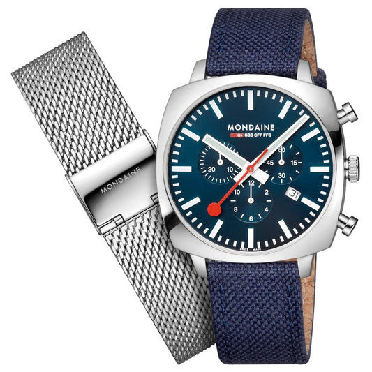 Mondaine Grand Cushion MSL.41440.LD.SET Herrenuhr Blau • Saphirglas • Quarz-Chronograph