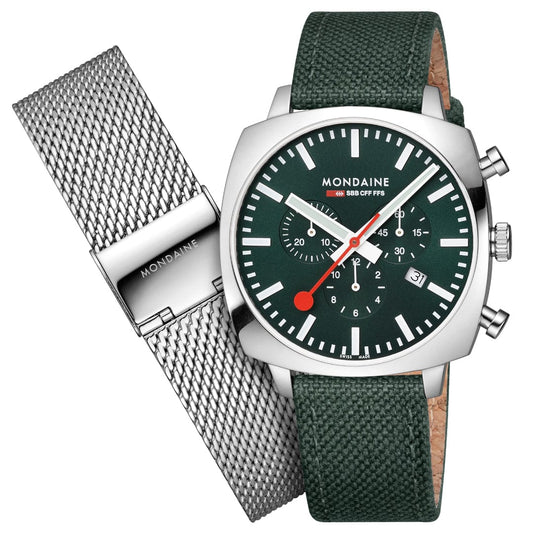 Mondaine Grand Cushion MSL.41460.LF.SET Herrenuhr Grün • Saphirglas • Quarz-Chronograph