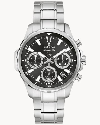 Bulova Marine Star Herren-Chronograph mit Edelstahlarmband und schwarzem Zifferblatt mit 3 Zählern