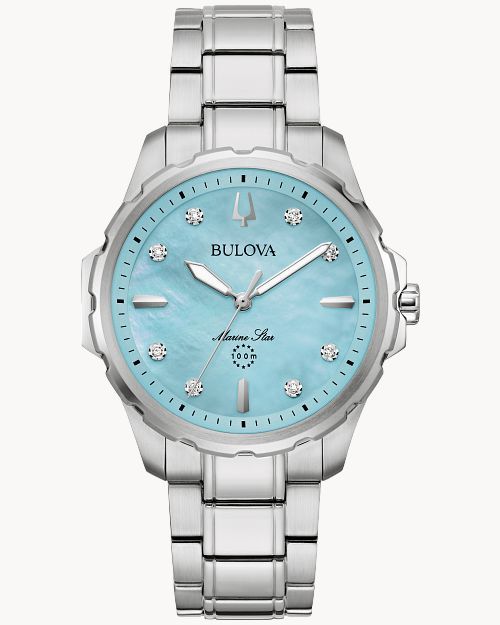 Damenarmbanduhr Bulova mit blauem Zifferblatt, 8 Diamanten und silbernem Metallarmband