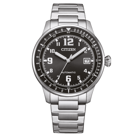 Citizen Herrenuhr mit schwarzem Zifferblatt, Automatik-Zeitanzeige und Edelstahlarmband