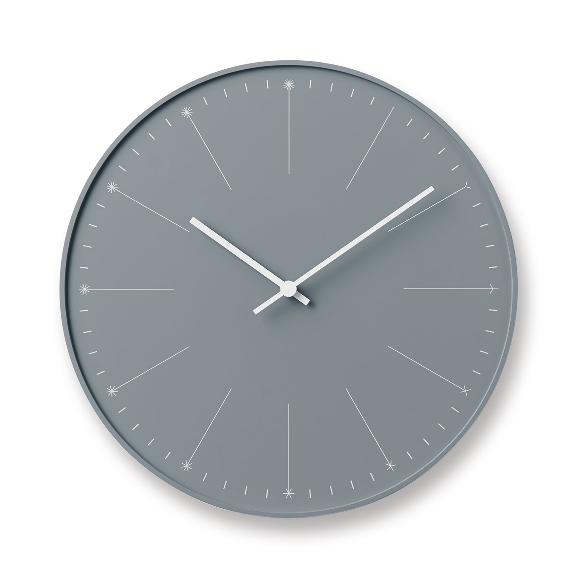 Runde Wanduhr mit grauem Zifferblatt, feinen Zeigern und strichförmigen Markierungen
