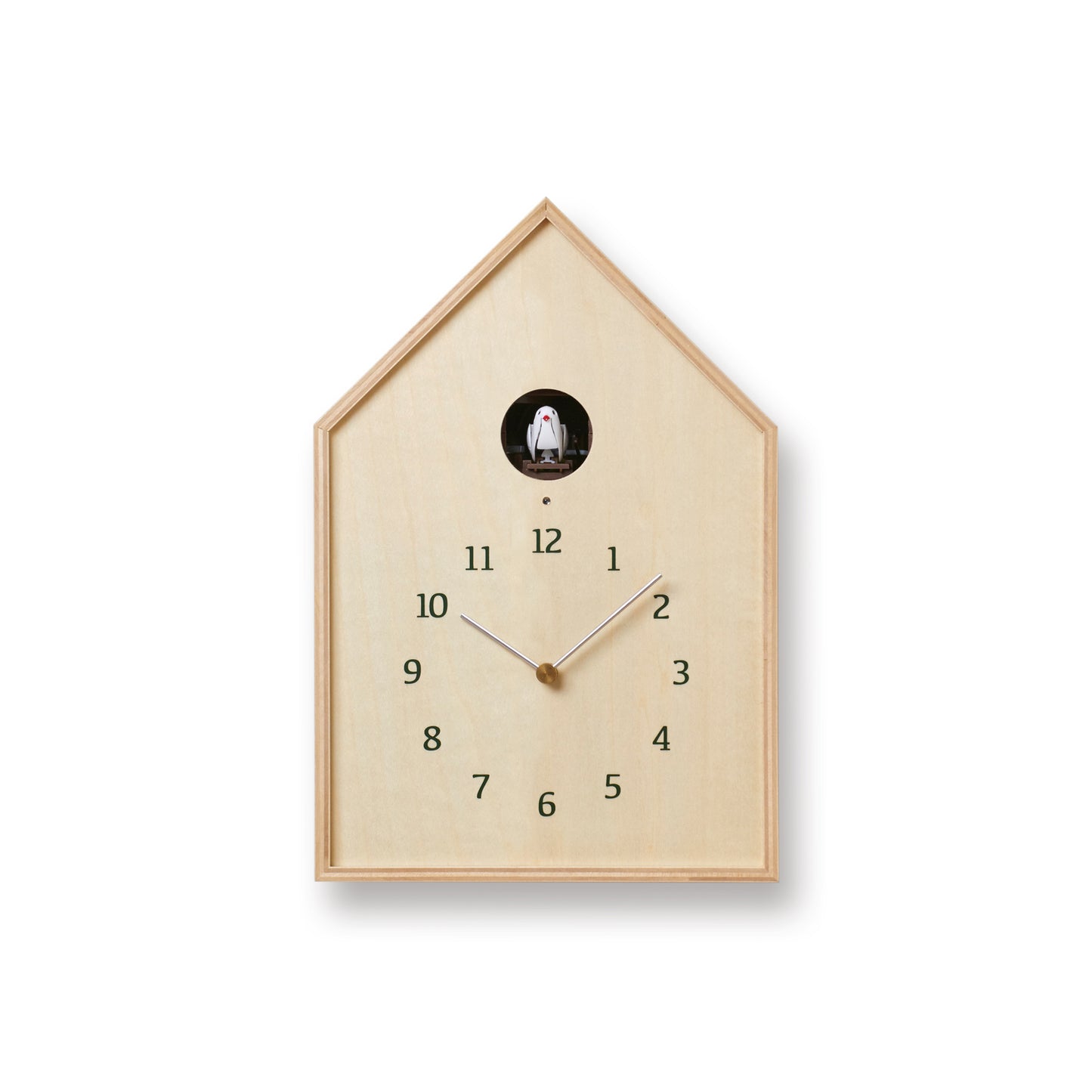 Vogelhäuschen-Wanduhr aus hellem Naturholz mit rundem Fenster, arabischen Ziffern und Zeigern