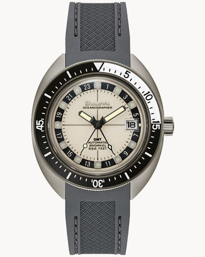 Zegarek męski Bulova Oceanographer GMT z szarą bransoletą, srebrną tarczą i czarnym pierścieniem lunety