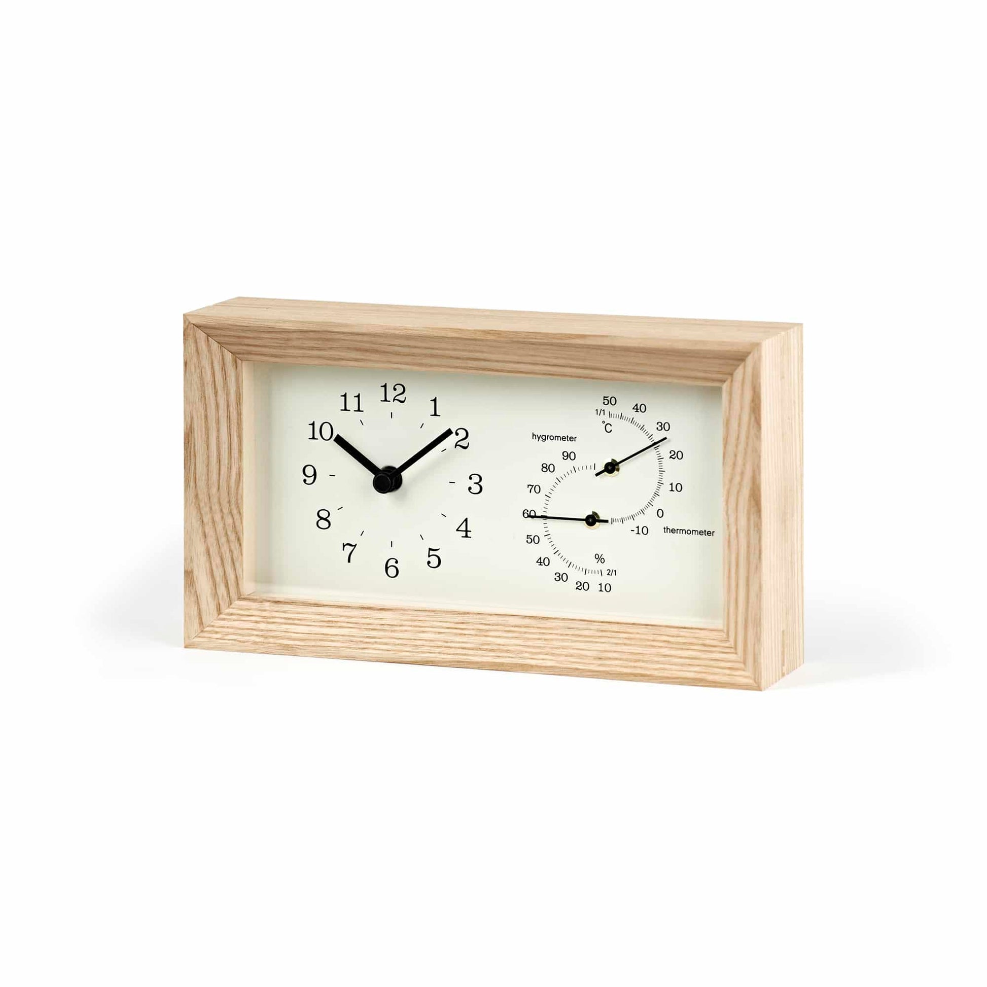 Tischuhr aus Naturholz mit analogem Zifferblatt, Thermometer- und Hygrometeranzeigen