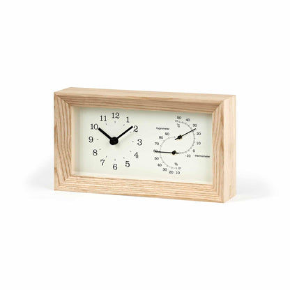 Tischuhr aus Naturholz mit analogem Zifferblatt, Thermometer- und Hygrometeranzeigen