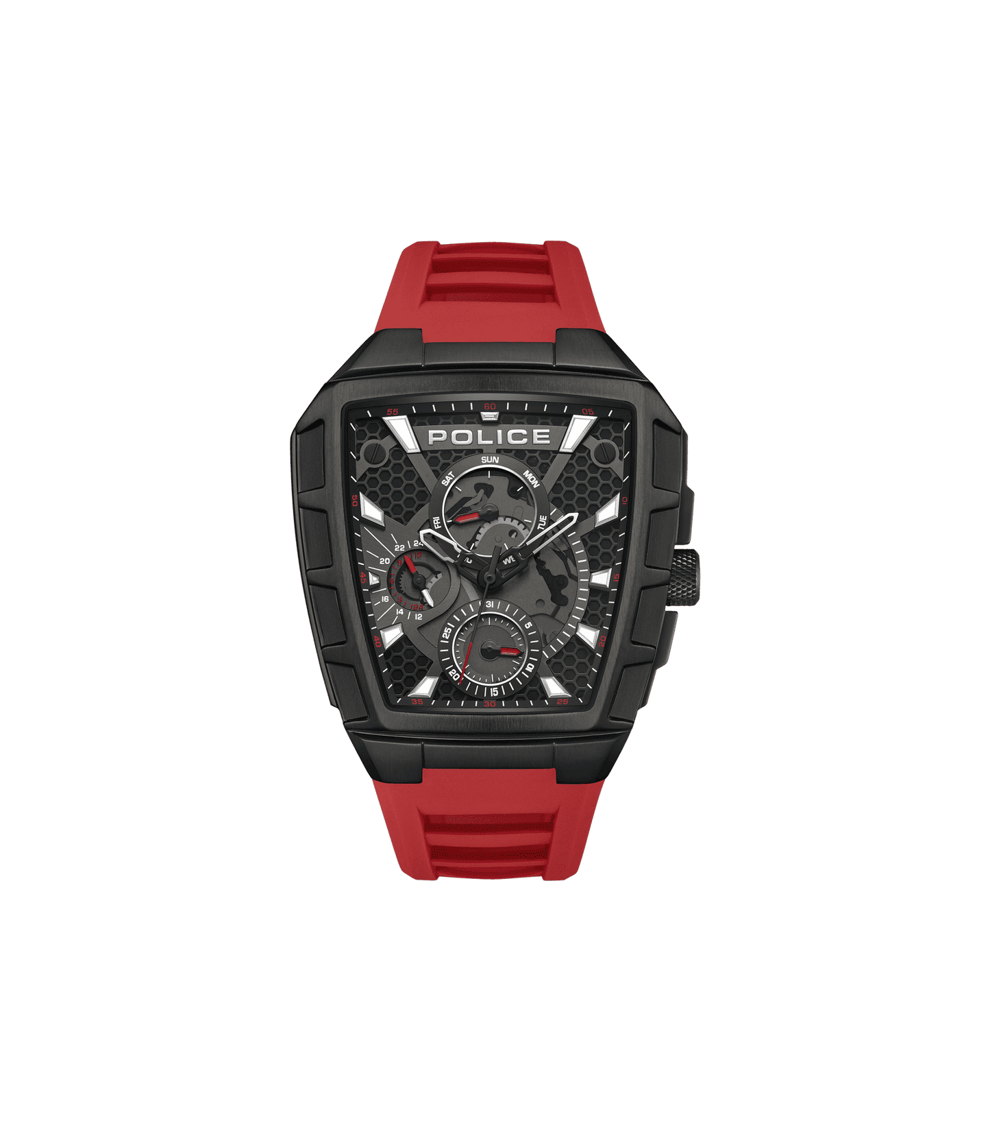 Police Tough Gear PEWGQ0056803 Herrenuhr Schwarz/Rot • Multifunktion • Rotes Silikonarmband