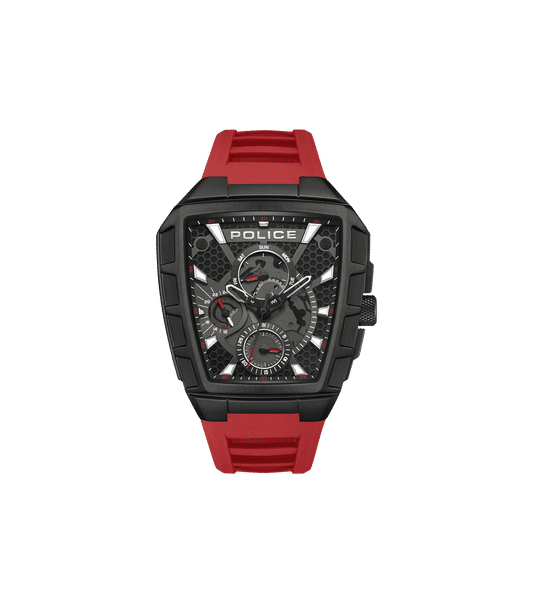 Police Tough Gear PEWGQ0056803 Herrenuhr Schwarz/Rot • Multifunktion • Rotes Silikonarmband