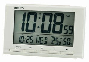 Seiko QHL090W Clock White • LCD Digital Display • Thermometer & Hygrometer