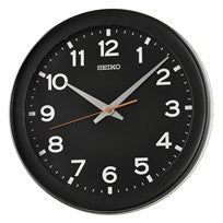 Seiko Wanduhr, runder schwarzer Analog-Uhrkasten aus Kunststoff mit Ziffern und Zeigern