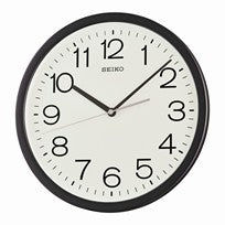Schlichte runde Wanduhr mit schwarzem Rand und weißem Zifferblatt, schwarzen Zeigern und Zahlen