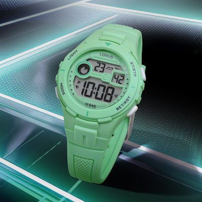 Lorus Herren-Digitalarmbanduhr in Mintgrün mit Ziffern-Display und seitlichen Tasten