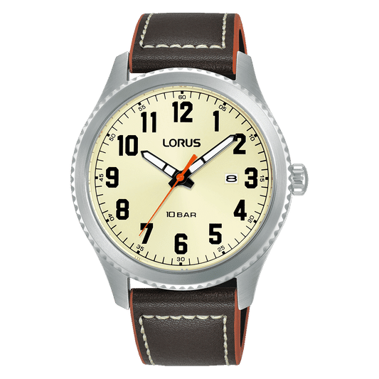 Lorus Sports RH987RX9 Herrenuhr Champagner • Mineralglas • Dunkles Lederband