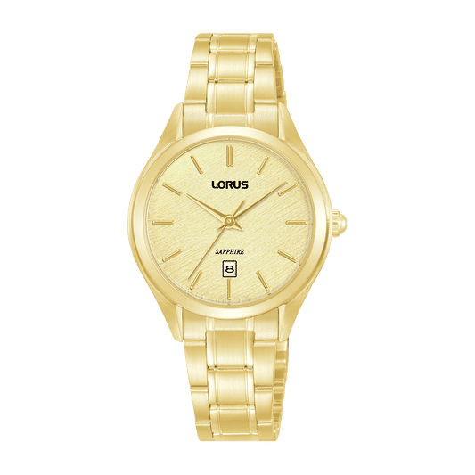 Goldfarbene Damenarmbanduhr mit rundem Zifferblatt, Datumsanzeige und Saphirglas