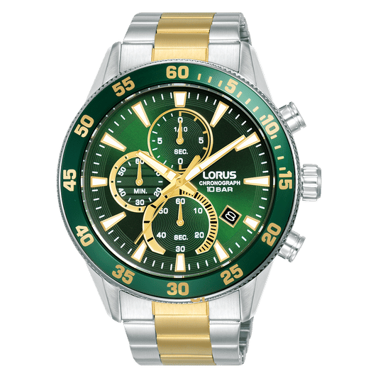 Herren-Chronograph-Armbanduhr mit dunklem grünem Zifferblatt und zweifarbigem Metallband