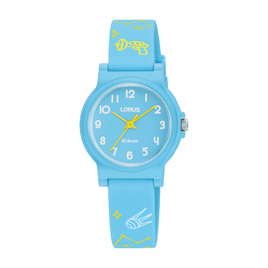 Kinderarmbanduhr Lorus blau, rundes Zifferblatt mit gelben Zeigern, Band mit bunten Motiven