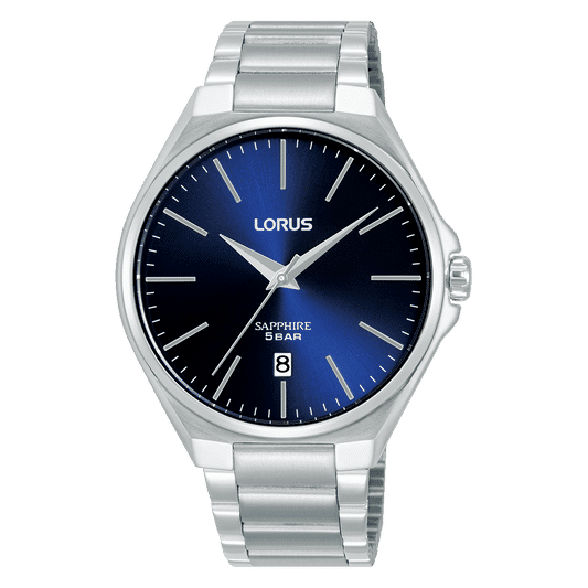 Lorus Herrenarmbanduhr mit dunkelblauem Zifferblatt und Edelstahlarmband, Saphirglas