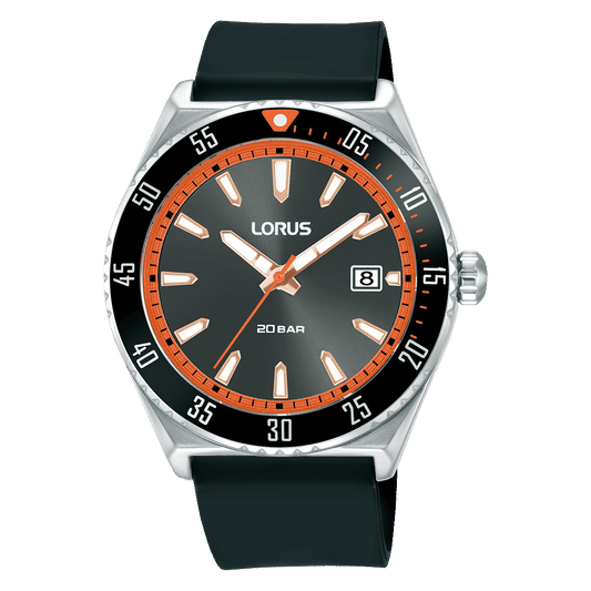 Lorus Sport Herrenarmbanduhr mit schwarzem Silikonband, Mineralglas, rundem Gehäuse.
