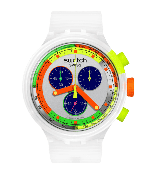 Swatch Neon Jelly SB02K100 Damen Armbanduhr Transparent • Mehrfarbiges Zifferblatt • Tachymeter-Skala