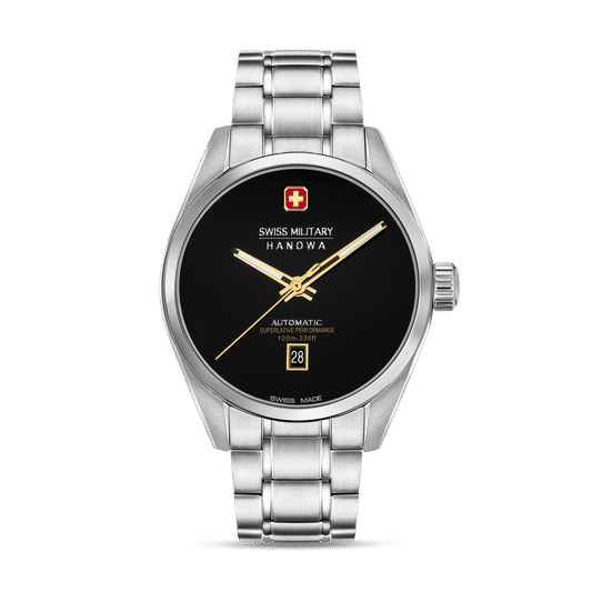 Herrenuhr mit schwarzem Zifferblatt und silbernem Edelstahlarmband, Zeiger in Goldton