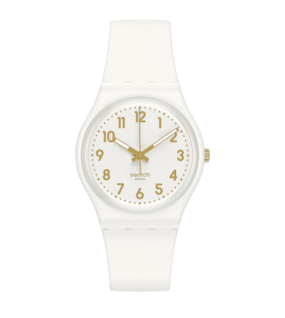 Swatch Originals Medium SO28W106-S14 Armbanduhr Weiß • Minimalistisches Design • Vergoldete Zeiger und Ziffern