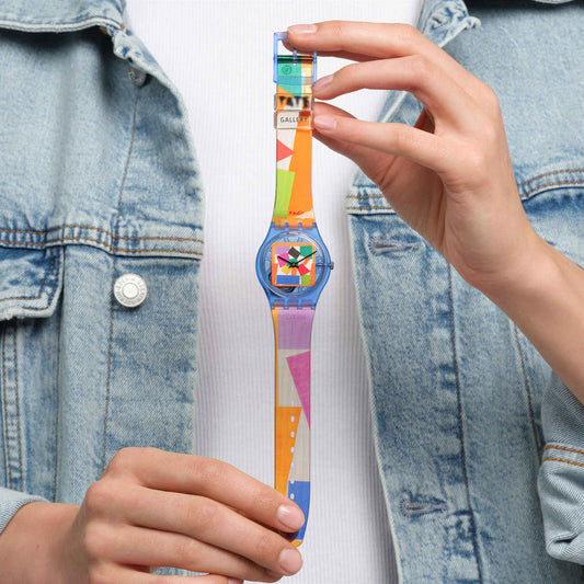 Swatch Originals Medium SO28Z127 Matisse's Snail Armbanduhr Transparent • Biosourced Gehäuse • Kunstdruck-Zifferblatt