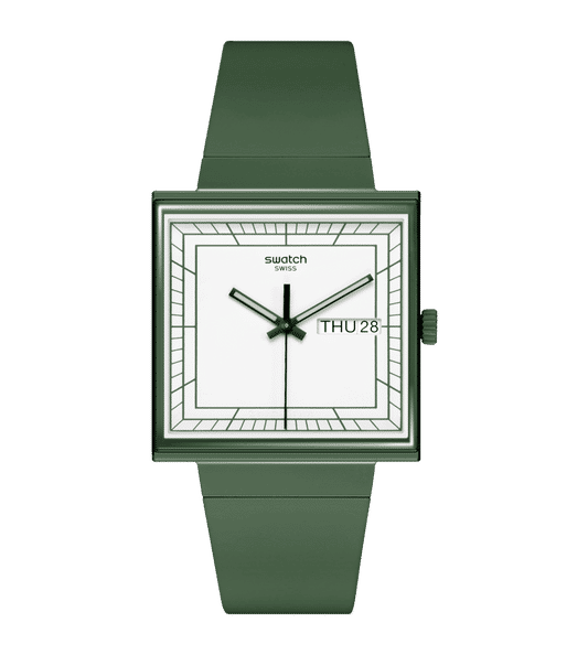 Swatch What If Square SO34G700 Armbanduhr Grün • Bioceramic-Gehäuse • Markantes Quadrat-Design