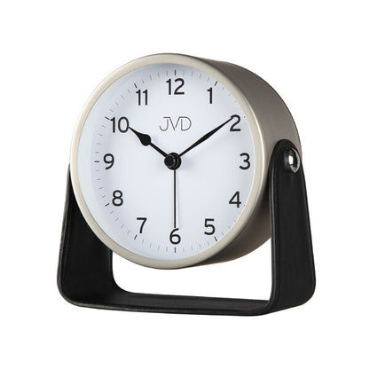 Analog väckarklocka med vit urtavla, svart stativ och JVD-visare