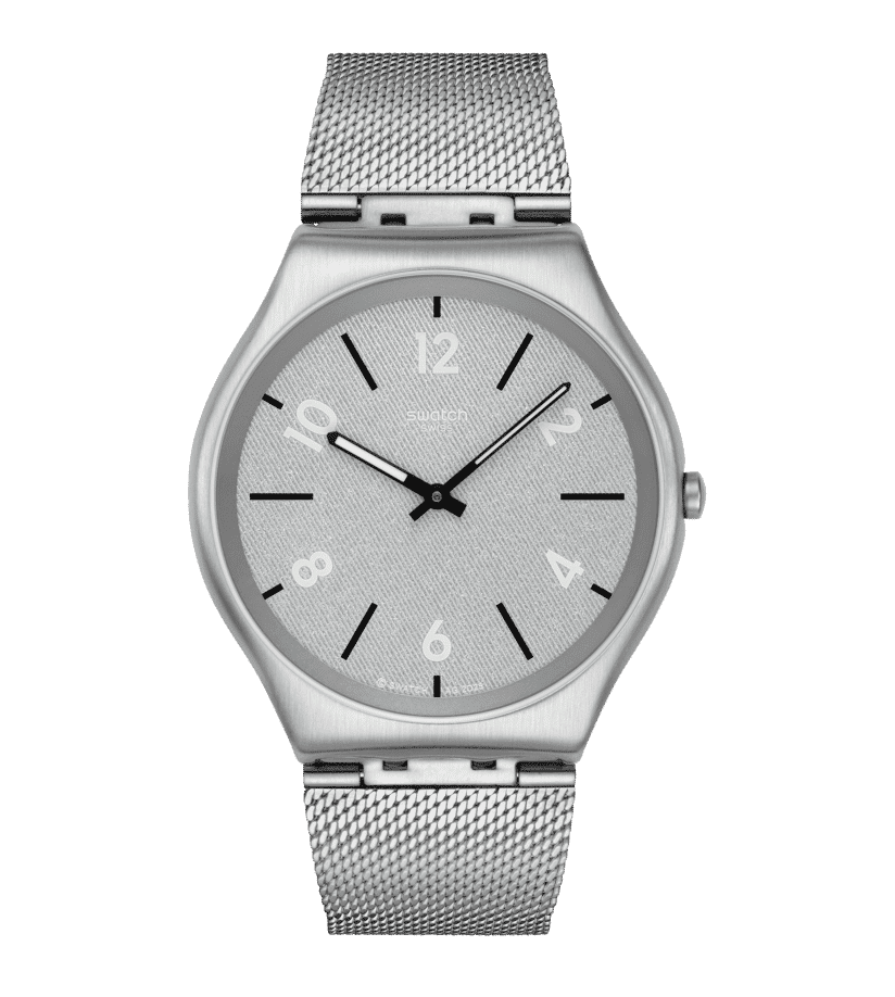 Swatch New Skin Irony SS07S152M Getting meshy Armbanduhr Silber • Leuchtende Zeiger • Mesh-Armband