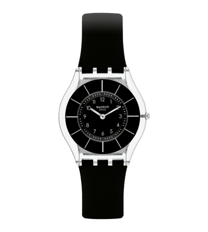 Swatch Black Classiness SS08K103 Armbanduhr Schwarz • Ultraflaches Silikonarmband • Transparentes Polymergehäuse